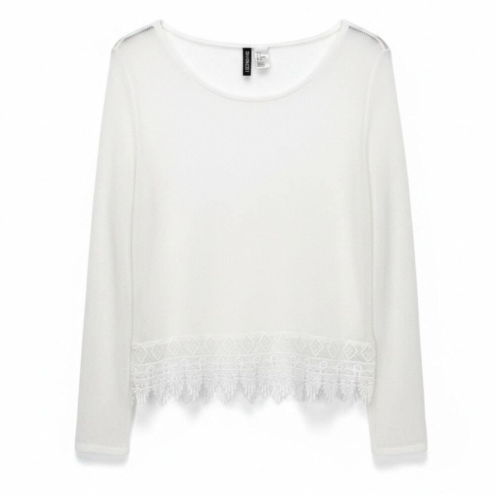 DIVIDED By H&M Women's Y2K SHEER LACE TRIM Top LONG SLEEVE White Size MEDIUM